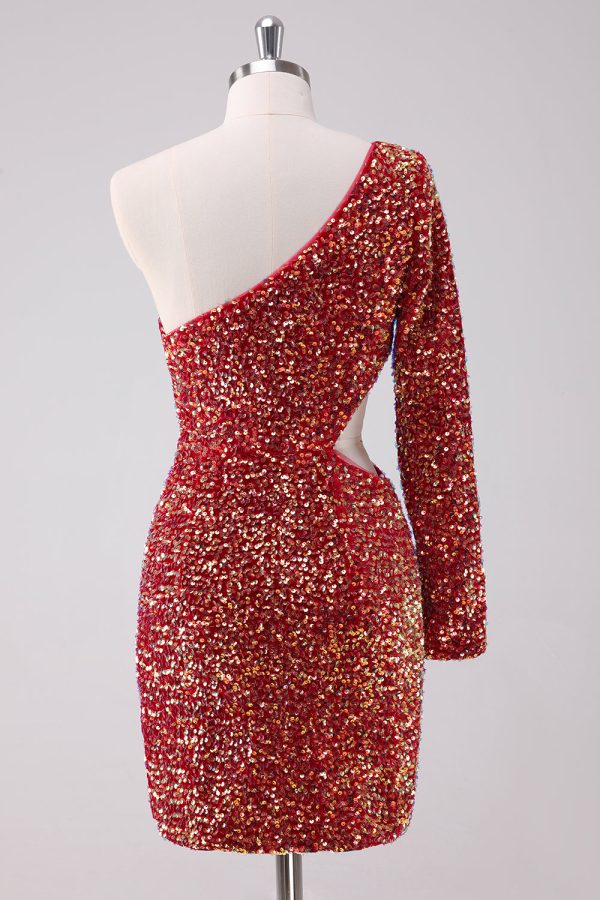 Sparkly Red One Shoulder Tight Short Homecoming Dress with Hollow Out Online Hot Sale