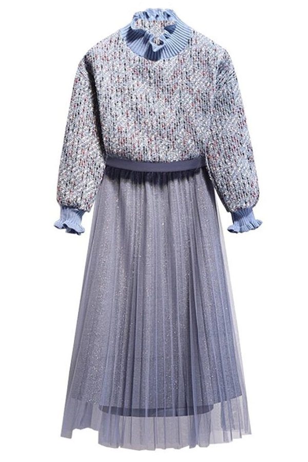 Elora Tweed Style Knitted Top and Mesh Skirt Set Online Sale