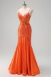 Orange Mermaid Spaghetti Straps Beaded Long Prom Dress Supply