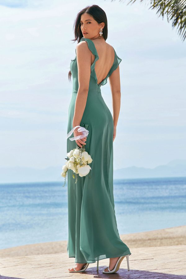 Eucalyptus A-Line Spaghetti Straps Chiffon Long Bridesmaid Dress with Slit Fashion