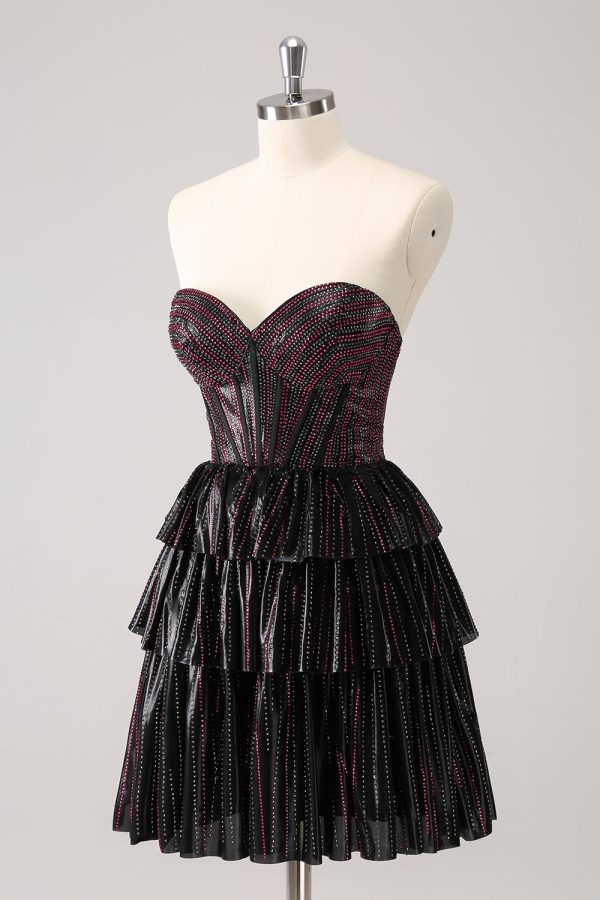 Sparkly Black Pink Sweetheart Tiered Homecoming Dress with Beading Discount