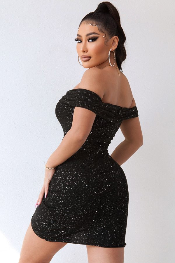 Black Sparkly Off The Shoulder Beading Bodycon Short Cocktail Dress Cheap