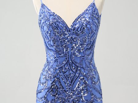 Blue Backless Spaghetti Straps Tight Homecoming Dress with Sequins on Sale