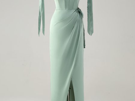 Agave Sheath Bow Tie Straps Corset Long Bridesmaid Dress with Slit on Sale