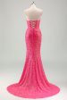 Sparkly Fuchsia Mermaid Strapless Corset Sequins Long Prom Dress with Slit For Cheap