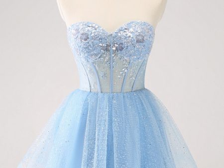 Sky Blue A Line Sweetheat Corset Tulle Homecoming Dress with Sequins For Cheap