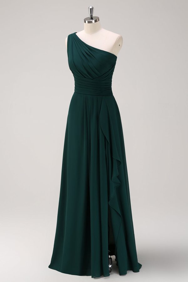 Dark Green One Shoulder A-Line Ruched Long Bridesmaid Dress Cheap