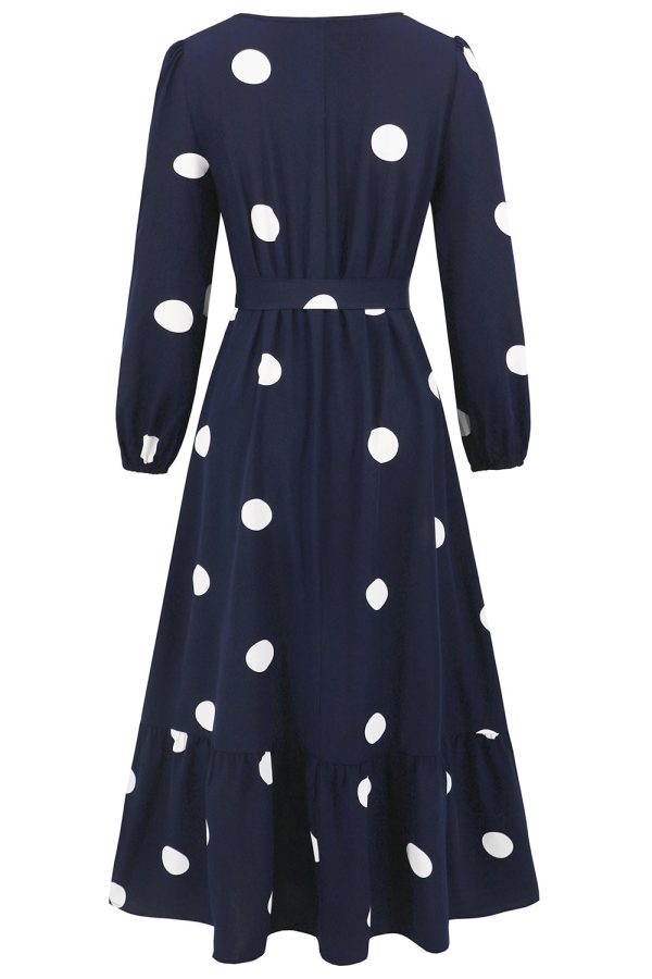 Navy Scoop Neck Polka Dots Long Cocktail Dress with Sash Cheap