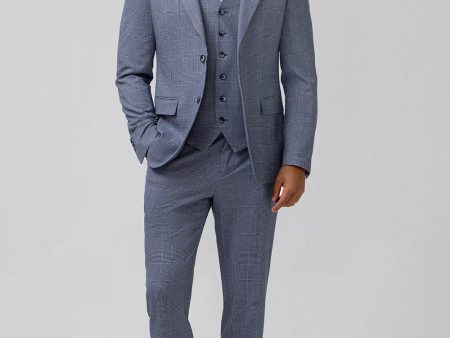 Grey Blue Plaid Notched Lapel Double Breasted 3 Piece Men s Prom Suit Cheap