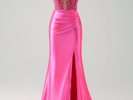 Fuchsia Sweetheart Mermaid Satin Long Corset Prom Dress with Appliques Discount