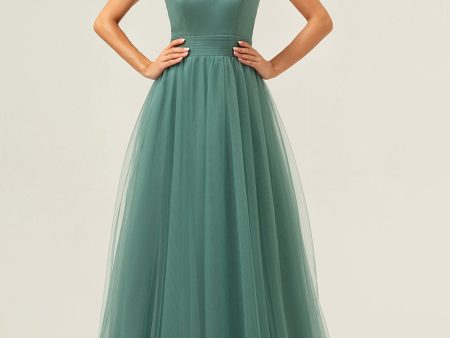 Eucalyptus Spaghetti Straps Tulle A-Line Long Bridesmaid Dress For Cheap