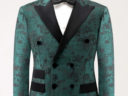 Dark Green Peak Lapel Double Breasted 2 Piece Jacquard Men s Prom Suits Discount