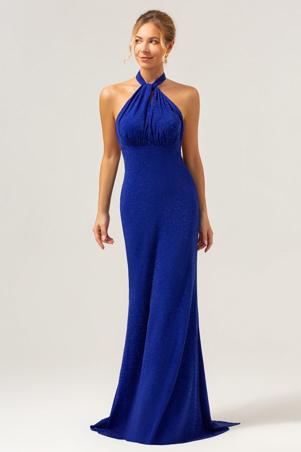 Glitter Blue Mermaid Halter Backless Long Bridesmaid Dress on Sale