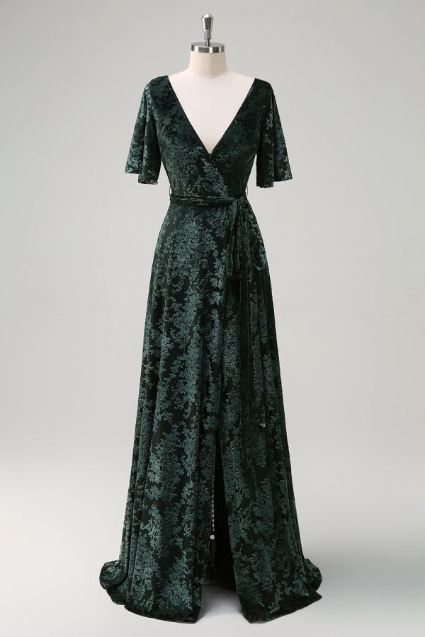 Dark Green A Line V-Neck Burnout Velvet Floral Long Bridesmaid Dress Fashion