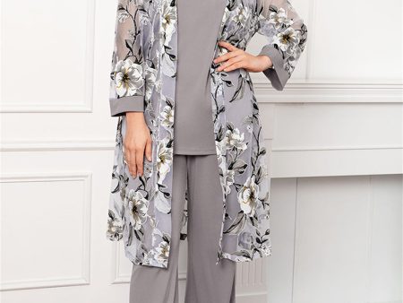 Silver Round Neck Chiffon Long Sleeves 3 Pieces Mother of the Bride Pant Suits For Sale