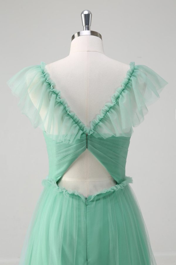 Green A Line V-Neck Tiered Tulle Bridesmaid Dress Online