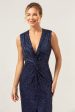 Sparkly Navy Sheath V-Neck Sequins Tea Length Prom Dress with Slit Online Hot Sale