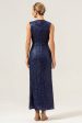 Sparkly Navy Sheath V-Neck Sequins Tea Length Prom Dress with Slit Online Hot Sale