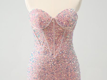 Sparkly Strapless Light Pink Tight Short Homecoming Dress with Sequins on Sale