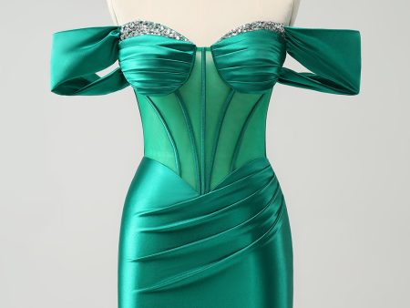 Green Off the Shoulder Satin Tight Homecoming Dress with Beading For Cheap