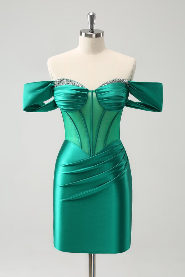 Green Off the Shoulder Satin Tight Homecoming Dress with Beading For Cheap