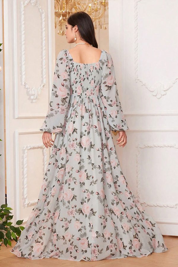 A Line Green Floral Printed Long Sleeves Long Prom Dress Online