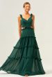 Dark Green A-Line Chiffon Ruffled Long Bridesmaid Dress with Hollow Out Supply