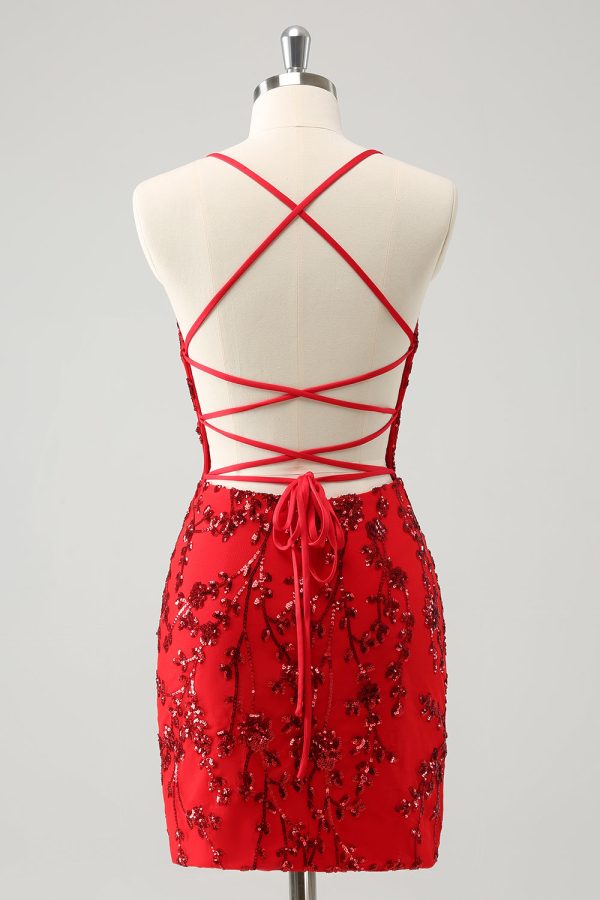 Sparkly Floral Red Tight Short Homecoming Dress with Sequins For Cheap