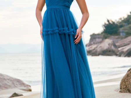 Dark Blue A-Line Spaghetti Straps Pleated Long Bridesmaid Dress Online Hot Sale