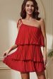 Red One Shoulder Pleated Tiered Sheath Short Party Dress Supply