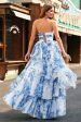 White Blue Flower A-Line Strapless Tiered Long Prom Dress with Bows For Discount