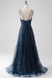 A-Line Dark Navy Spaghetti Straps Long Prom Dress with Slit For Cheap