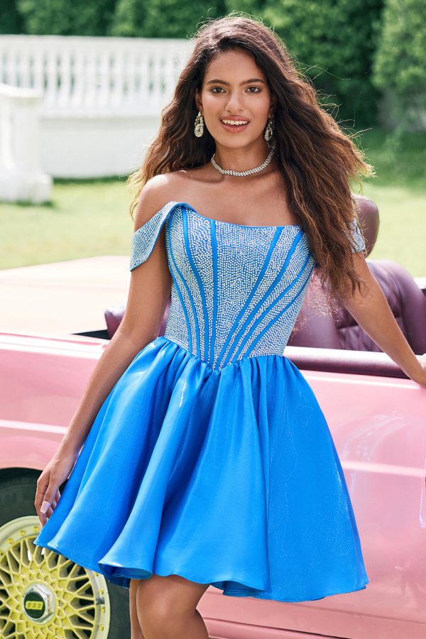 Sparkly Blue A Line Off the Shoulder Satin Ruffle Homecoming Dress with Beading Fashion