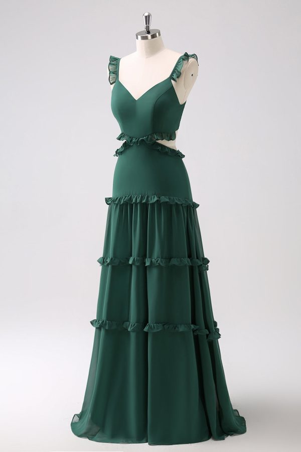 Dark Green A-Line Hollow Out Ruffled Long Bridesmaid Dress Fashion