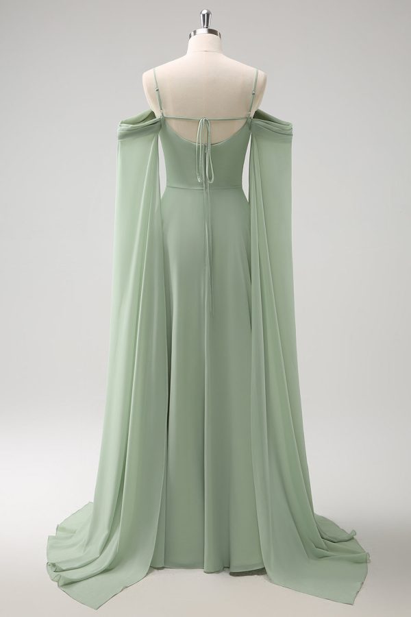 Light Green Cold Shoulder Detachable Sleeves A-Line Chiffon Long Bridesmaid Dress Online Hot Sale