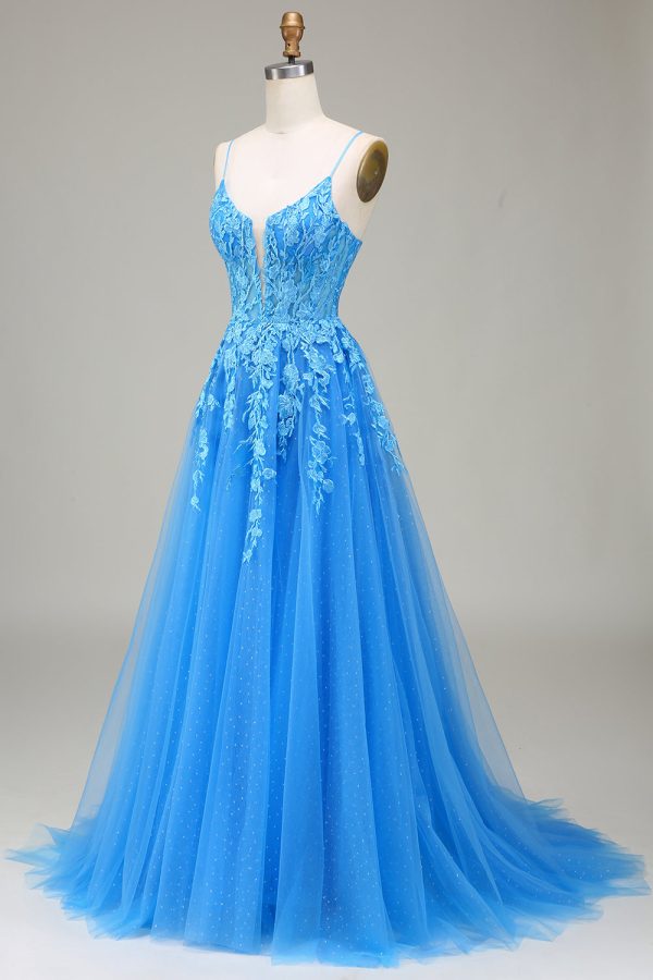 A-Line Spaghetti Straps Blue Tulle Prom Dress With Appliques Online