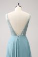 Grey Green A-Line Spaghetti Straps Chiffon Long Bridesmaid Dress with Slit For Cheap