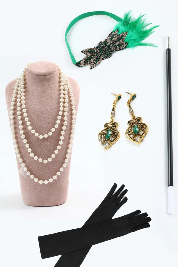 Green Golden Sequins Fringe 1920s Gatsby Dress with Accessories Set Online Sale