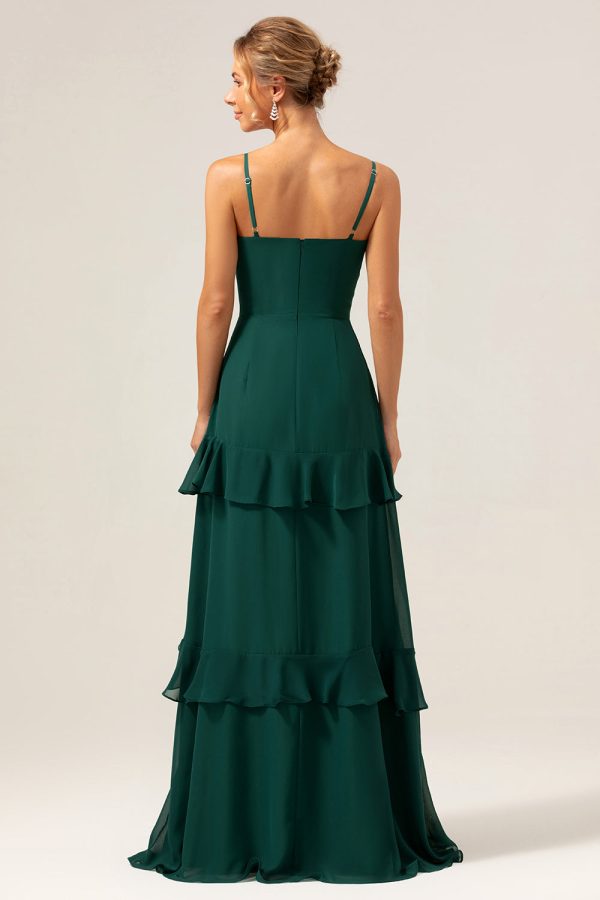 Dark Green A-Line Spaghetti Straps Chiffon Long Bridesmaid Dress with Ruffles Online Sale