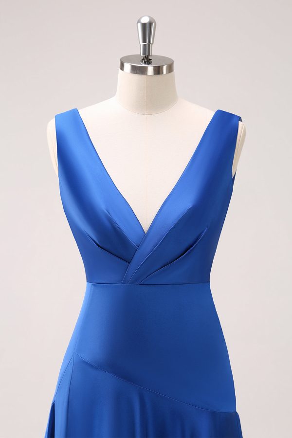 Ink Blue V-Neck Satin Bridesmaid Dress with Slit Online Hot Sale