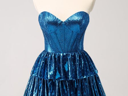 Peacock Blue A Line Strapless Corset Tiered Short Homecoming Dress For Sale