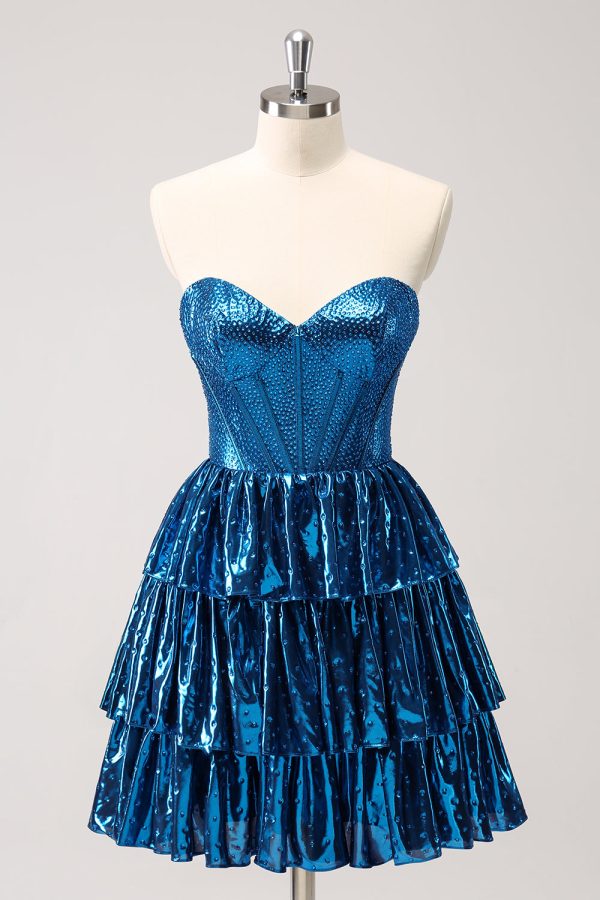 Peacock Blue A Line Strapless Corset Tiered Short Homecoming Dress For Sale