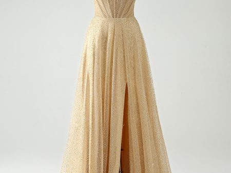 A Line Gold Sequin Spaghetti Straps Prom Dress With Slit For Cheap