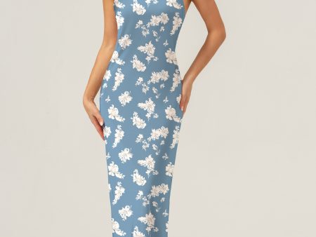 Blue White Flower Halter Sheath Print Long Bridesmaid Dress with Slit Fashion