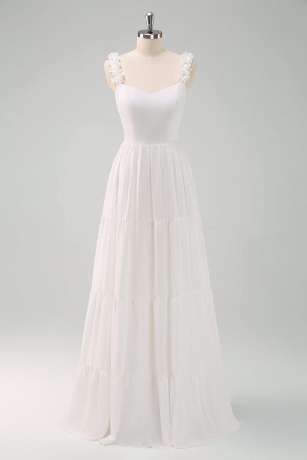 A-Line White Spaghetti Straps Pleated Long Wedding Dress with Bow Fashion