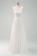 A-Line White Spaghetti Straps Pleated Long Wedding Dress with Bow Fashion