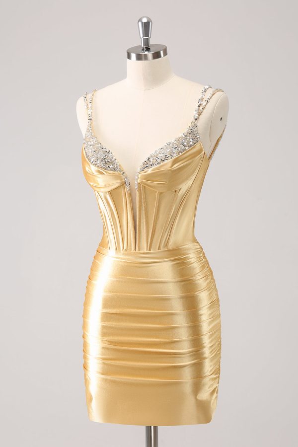 Golden Spaghetti Straps Bodycon Homecoming Dress with Sequins Cheap