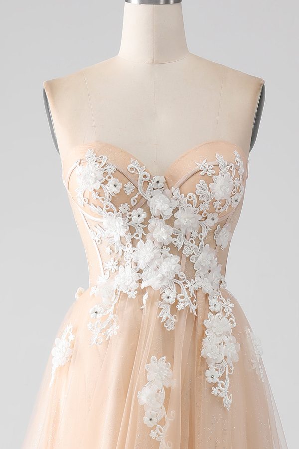 A-Line Champagne Strapless Corset Prom Dress with Appliques Hot on Sale