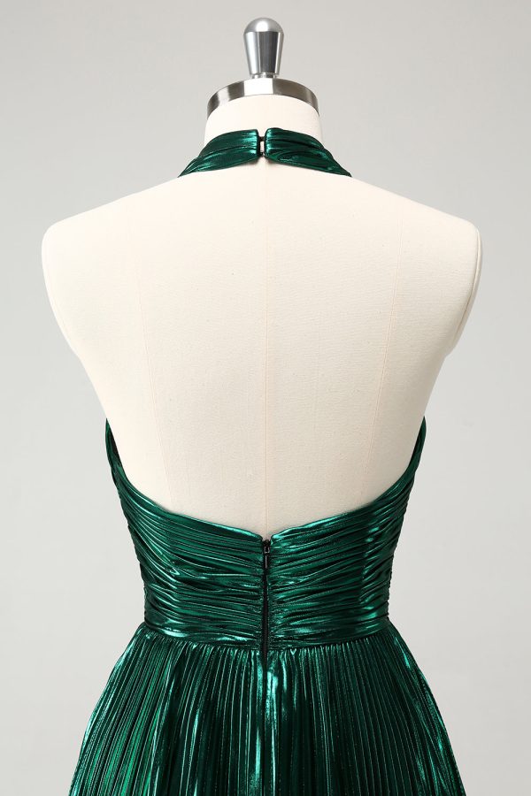 Glitter Dark Green Halter A-Line Pleated Metallic Homecoming Dress Online