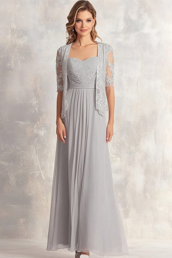 Silver Chiffon Lace Appliques Ruched 2-piece Square Neck A Line Mother of the Bride Dress Hot on Sale